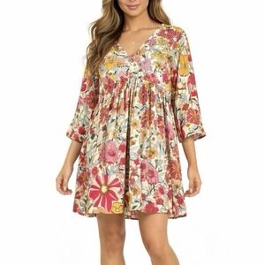 Natural Life Medium Mini Dress Boho Sundress Floral Pink Pockets Hippie Flowy M